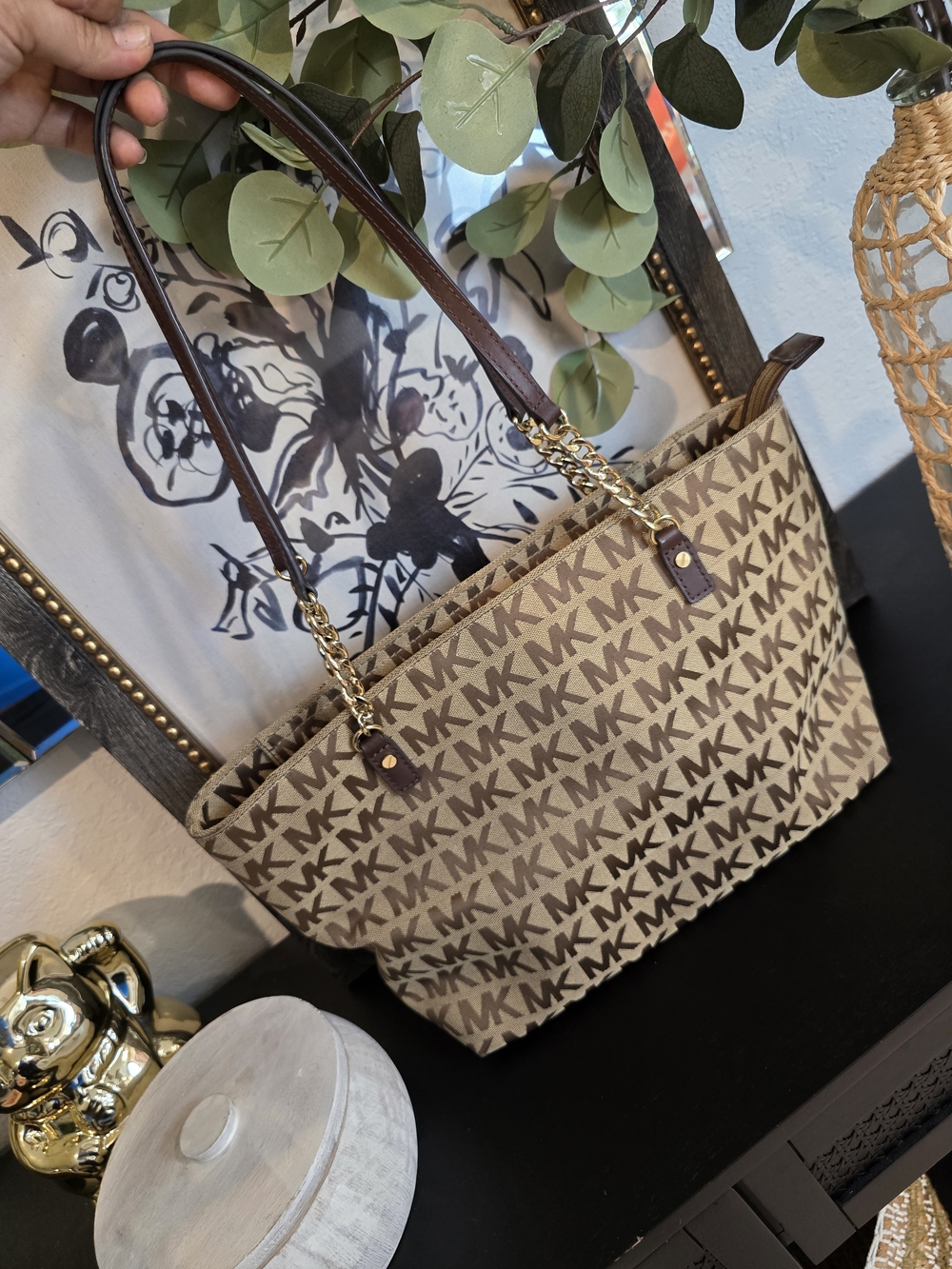 Michael Kors Jet Set Monogram Signature Canvas Gold Chain Strap Tote Bag
